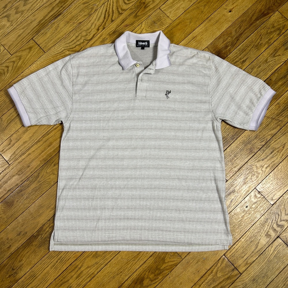 Ashworth Mens L VNTG Polo Shirt Beige White Stripe Cotton Golf Florida Crest USA